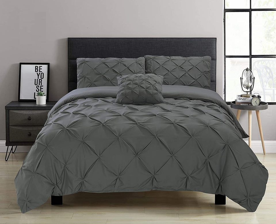 Charcoal Pin Tuck Duvet Cover With Pillow Cases 100% Cotton Bedding Sets Single Double King Super King Size
