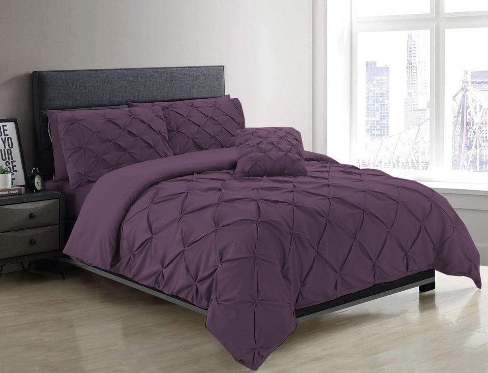 Plum Pin Tuck Duvet Cover With Pillow Cases 100% Cotton Bedding Sets Single Double King Super King All Sizes